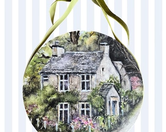 Cotswolds Cottage Watercolor Painting on Wood Panel with Velvet Ribbon