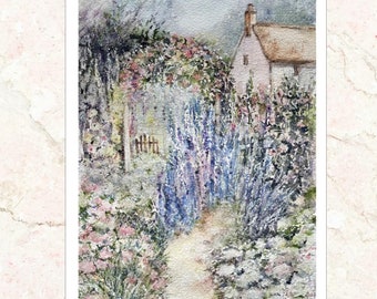 Cottage Garden Watercolor Painting, Multicolor Floral Art (10x14)