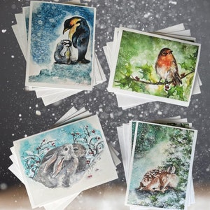 frosty critters huit cartes de correspondance pliées vierges (petites 4,25 x 5,50 po.) de peintures aquarelles originales avec 8 enveloppes, animaux dans des scènes d'hiver