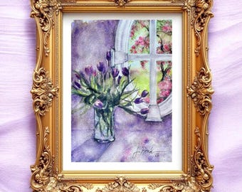 PURPLE TULIPS in Window, Original Hand-Painted Watercolor 9"x12" Floral Painting