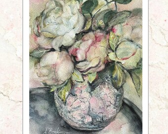 White Peonies Giclee Print - Floral Watercolor Painting (10.5"x14")