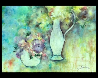 Hand-Painted Watercolor Floral Still Life Painting, Impressionist Vase Art (11.5x16.5-inch)