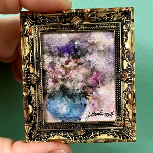 FLORAL IMPRESSIONS MINI Original 3&quot;x2.5&quot; Hand-Painted Watercolor Art in Gold Plastic Frame for Miniature Collectors & Dollhouse Wall Decor