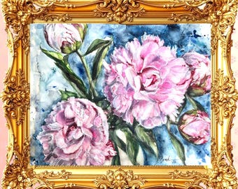 PINK PEONIES Watercolor Original Hand-Painted 9"x12" Floral Art for Home Decor