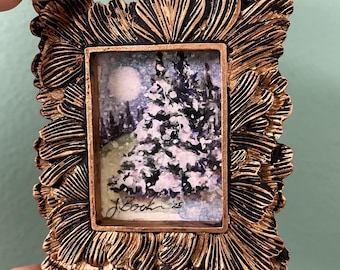 MINI SNOWSTORM Original 3.5"x3" Watercolor Painting of Winter Landscape in Gold Resin Frame