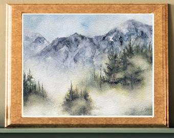 MISTY MOUNTAINS 10"x14" Hand-Painted Original Watercolor Landscape with Pine Trees