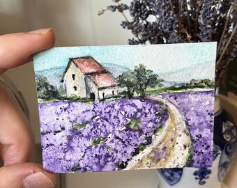 LAVENDER FIELDS ACEO Original Hand-Painted Watercolor Landscape 2.5"x3.5" Small Artwork for Collectors