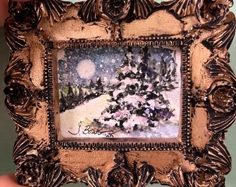 MINIATURE SNOWY LANDSCAPE Original 3.5"x3" Watercolor Painting in Gold Resin Frame