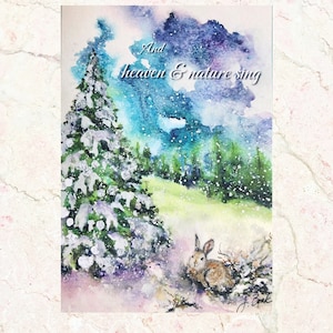 Weihnachts Blanko Klappkarten 18x11cm von Original Aquarell Malerei mit Text, Set von 8 Postkarten mit verschneite Landschaft und Hase für Weihnachten