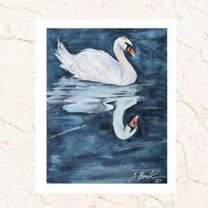 Schwan mit REFLEKTION 11 &quot;x 14&quot; Giclée-Druck der Original Aquarellmalerei eines weißen Schwans für Home-Office-Wanddekoration und Geschenk