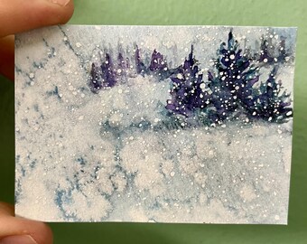 ACEO SNOWY LANDSCAPE Original Hand-Painted Watercolor 2.5"x3.5" Small Artwork for Collectors