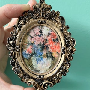 SMALL FLORAL BOUQUET Original 4.5"x3" Watercolor Painting with Gold Plastic Frame for Miniature Art Collectors & Dollhouse Wall Decor