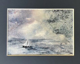 Original Watercolor Painting: Boat in Storm, Impressionistic Seascape Wall Art