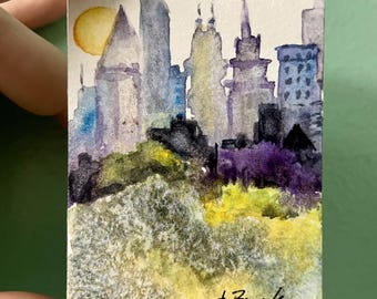 ACEO NYC Original Hand-Painted Watercolor 2.5"x3.5" Small Artwork of New York City Skyline