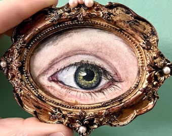 Original Watercolor Lover's Eye Painting in 4.5"x3.75" Resin Frame w/Faux Pearls