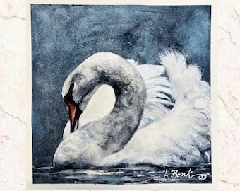 White Swan Giclee Print, Impressionistic Watercolor Art (8x8)