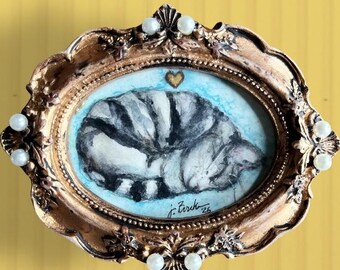 CAT Original Miniature Watercolor in 4.5"x3.75" Resin Frame w/Faux Pearls