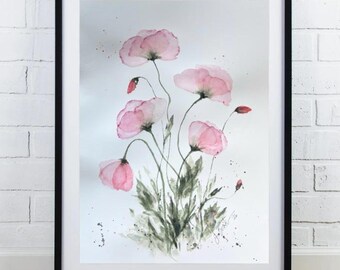 Hand-Painted Watercolor Pink Poppies Artwork (9"x12")