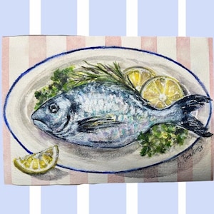 SOMETHIN&#39; FISHY, Original Quirky Hand-Painted 10.25&quot;x7&quot; Watercolor Painting of Fish on Platter with Garnishes for Home Wall Decor & Gifting