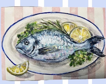 Quirky Hand-Painted Watercolor Fish Art, Kitchen Wall Decor, 10.25x7