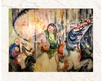 Central Park Carousel Giclee Print, Girl on Pony, Watercolor Art (11x14)