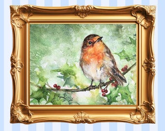 Robin on Holly Branch Giclee Print, Winter Bird Art (12"x9")