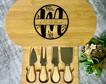 Personalised Cheese Board | 4 Cheese Knives | Wooden | Anniversary | Housewarming | Wedding | Birthday | Gift | Free Engraving