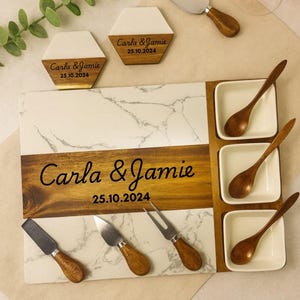 Personalised Cheese Board Set with Knives, Marble & Acacia Charcuterie Platter, Custom Wedding Gift for Couple, Anniversary Gift,