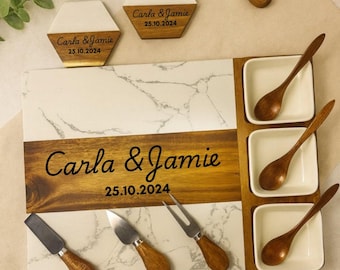 Personalised Cheese Board Set with Knives, Marble & Acacia Charcuterie Platter, Custom Wedding Gift for Couple, Anniversary Gift, Engagement