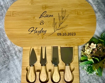 Personalised Cheese Board | 4 Cheese Knives | Wooden | Anniversary | Housewarming | Wedding | Birthday | Gift | Free Engraving