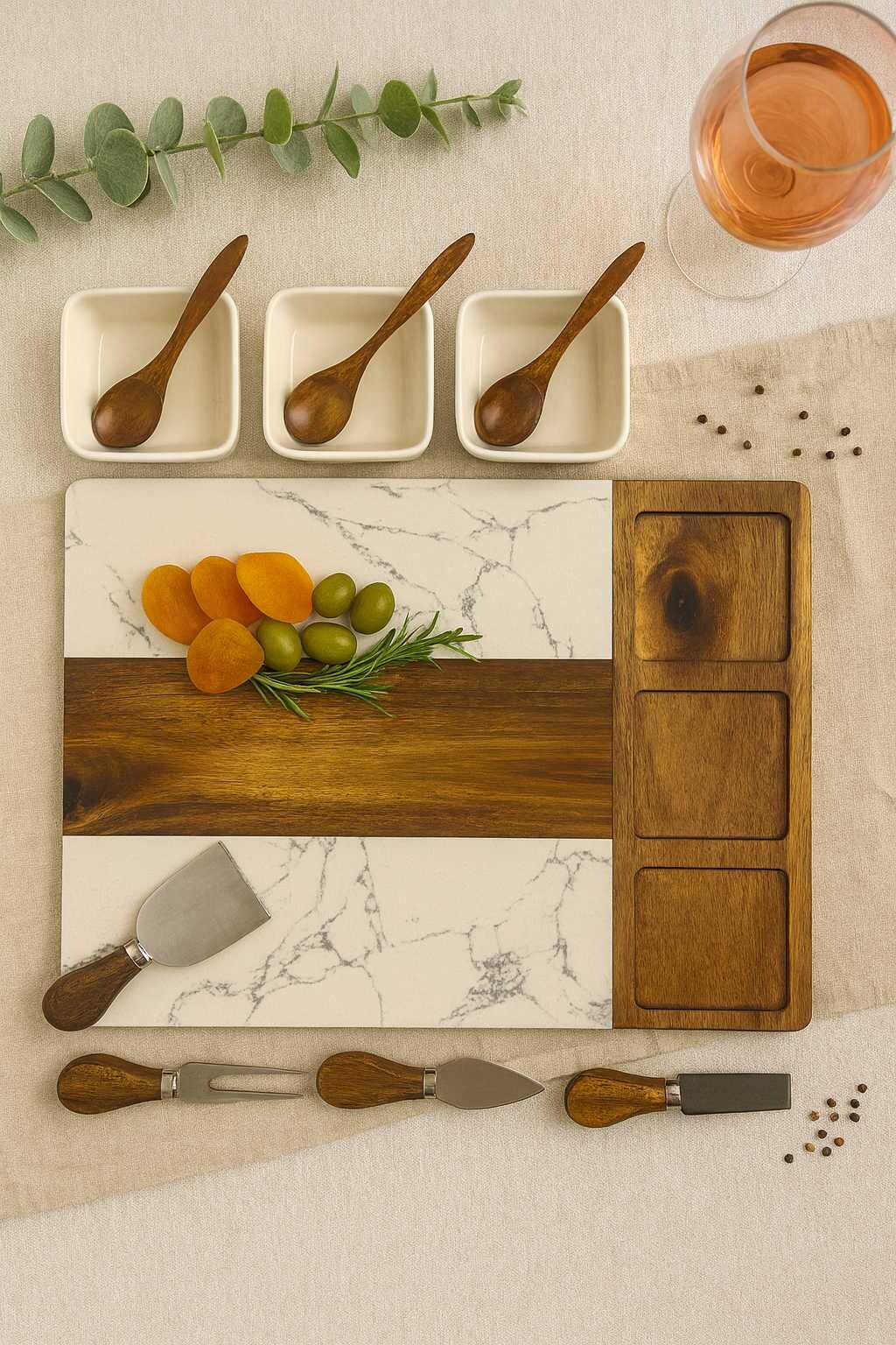 Personalised Marble and Acacia Cheese Board Set With Knives, Bowls ...