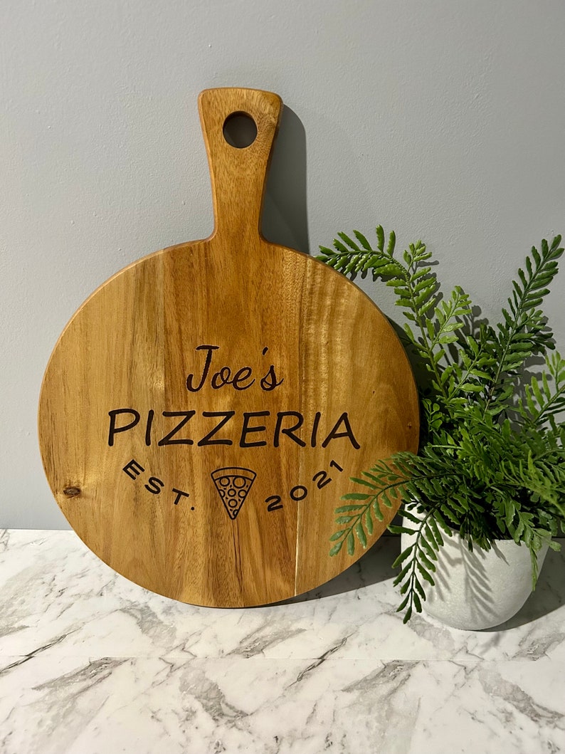 Large Acacia Wood Personalised Pizza Tray Board Custom gift Wedding Engagement Birthday image 1