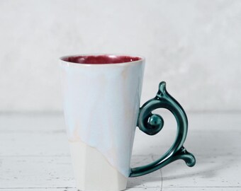 Handmade Porcelain Christmas Coffee Mug with  Green Baroque Handle Tea Cup | Gift Box