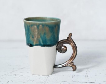 Handmade Ceramic Porcelain Coffee Tea Mug - Green Drip Glaze with Baroque Bronze Handle ,  Gift Box Included