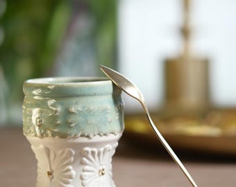 Handmade Green Ceramic Porcelain Rococo Mug - Vintage Coffee Tea  & Wine Liqueur Cup with Bronze Accent , Gift Box Included