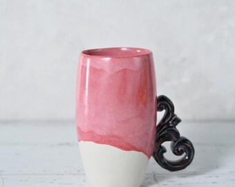 Handmade Porcelain Coffee Tea Mug | Pink Glaze with  Metallic Black Handle | Gift Box Included