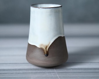 Handmade Japanese Style Ceramic Cup , White Glaze & Black Pottery Stoneware Coffee Wine Cocktail Mug, Gift Box Included