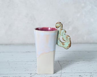 Handmade Porcelain Mug | Green Rococo Swirl Handle | White & Deep Pink Glazed | Gift Box Included