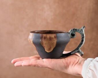 Black Stoneware Cup – Art Nouveau Handle, Handmade Coffee Cup, Gift Box included