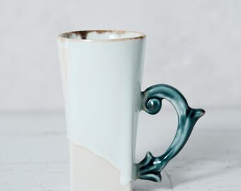 Handmade Porcelain Cup with Green Baroque Handle  | Cup for Tea or Coffee |  Gift Box