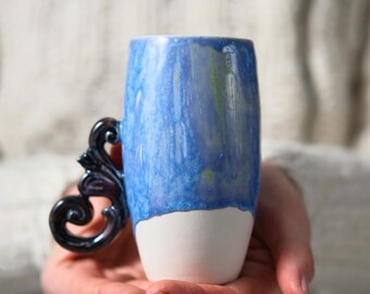 Handmade Porcelain Coffee Tea Mug | Blue Glaze with  Metallic Black Handle | Gift Box Included