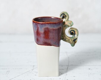 Handmade  Porcelain Coffee Mug with Green Rococo  Handle | Plum Glaze Ceramic Cup | Gift Box