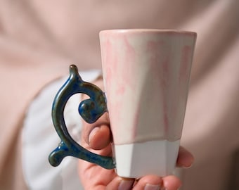 Handmade Ceramic Porcelain Coffee Tea Mug - Pink Drip Glaze with Baroque Blue Handle ,  Gift Box Included