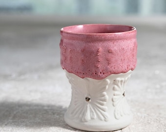 Handmade Pink Ceramic Porcelain Rococo Mug - Vintage Coffee Tea  & Wine Liqueur Cup with Bronze Accent , Gift Box Included