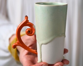 Handmade  Porcelain Coffee Tea Mug - Green Drip Glaze with  Matte Orange Handle ,  Gift Box Included