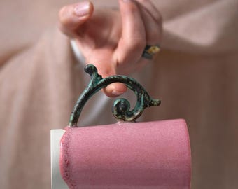 Handmade Ceramic Porcelain Coffee Tea Mug - Pink Drip Glaze with  Matte Antique Green Handle ,  Gift Box Included
