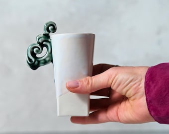Handmade Porcelain Mug with Green Rococo Handle | Coffee or Tea Cup | Gift Box
