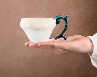 Porcelain Handmade Coffee Cup - Art Nouveau Handle , Gift Box included