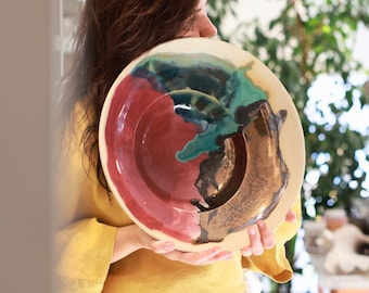 Handmade Sculptural Stoneware Art Plate – Bronze Glaze Ceramic Art Object, Large 14.4 Inch