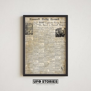 Póster antiguo de la página del periódico Roswell Daily Record del 8 de julio de 1947 sobre el accidente OVNI. Arte de pared OVNI para descargar e imprimir.
